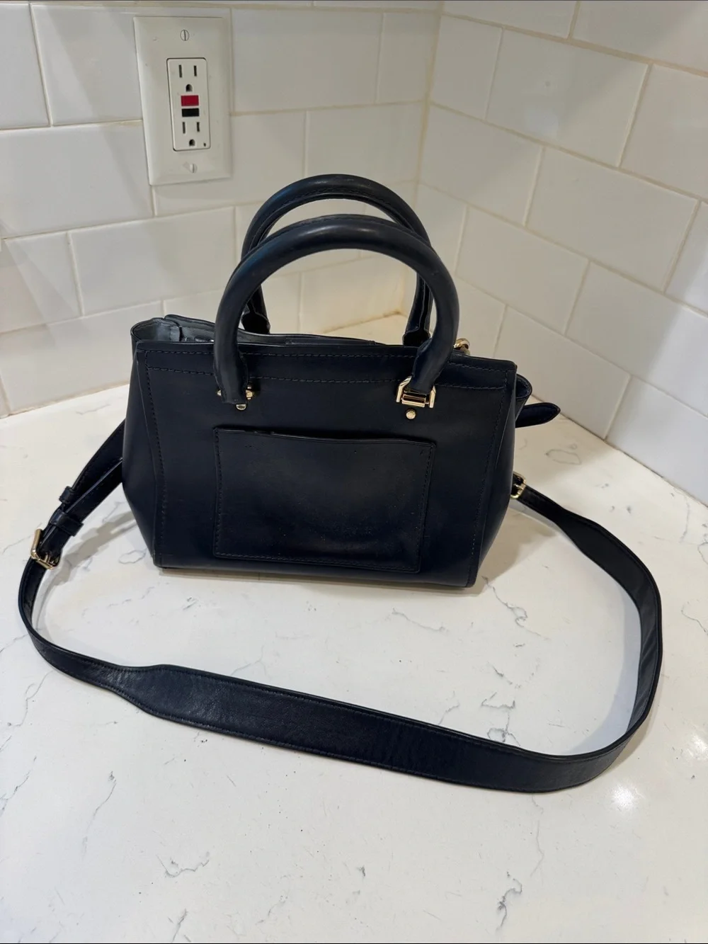 Michael Kors Navy Leather Satchel with Gold Hardware